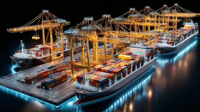 Maritime Metropolis: Majestic cargo ships berth at a bustling port, illuminated by the warm glow of towering cranes, symbolizing global trade and industry. 