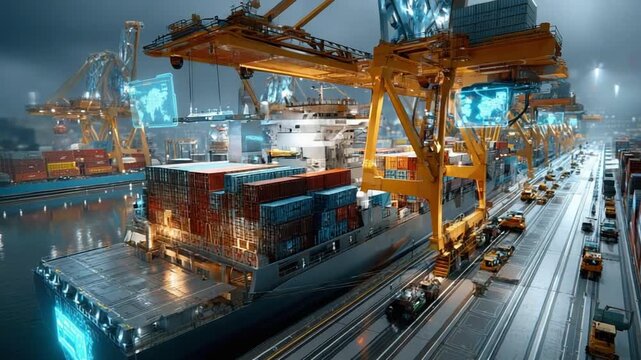 Smart Port Logistics: High-tech port operations, a giant crane loading cargo containers onto a cargo ship, showcasing the future of global trade.