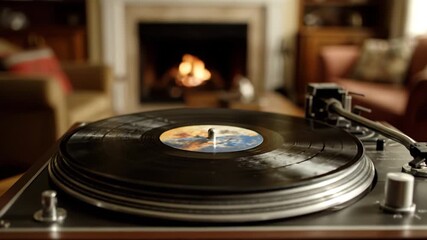 Vintage turntable spins vinyl record in cozy living room, warm fireplace crackling in background, creating inviting atmosphere filled with nostalgia and perfect music for chilly evenings