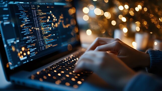 Software developer typing code on laptop with glowing programming syntax and bokeh lights in dark workspace, focused on keyboard and screen.