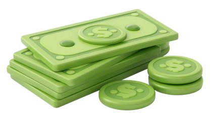 Stack of green toy money and coins on a black background