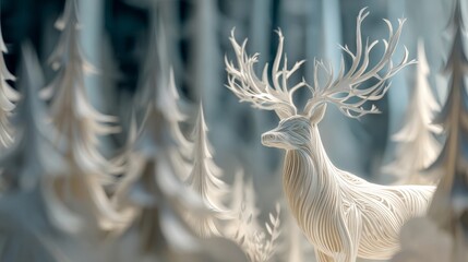 A majestic white deer with intricate antlers surrounded by delicate paper-like trees, creating a serene, ethereal woodland scene.