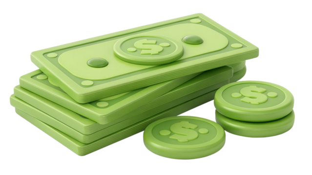 Stack of green toy money and coins on a black background - Powered by Adobe