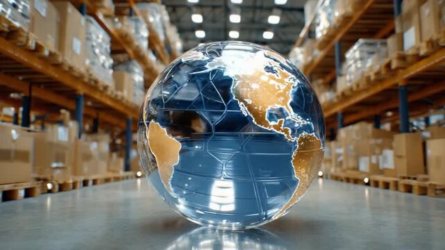 Global Distribution Network: A conceptual rendering of the globe amidst a modern warehouse setting, symbolizing the reach and scale of worldwide distribution and logistics.