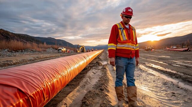 Pipeline Inspection: A worker surveys a vibrant orange pipeline, meticulously ensuring the integrity of the crucial infrastructure.