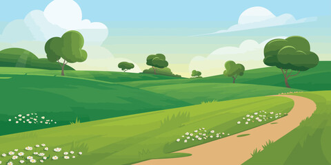 Country Road Through Trees Vector Illustration, Peaceful Rural Landscape with Curving Path, Tranquil Countryside Scene with Nature and Greenery