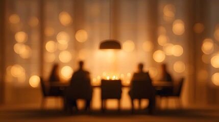 Diwali family dining room INTENTIONALLY BLURRED IMAGE with blurred silhouettes and golden lamp bokeh