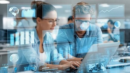 Technology Team Collaboration: Focused individuals collaborate on laptops, immersed in a futuristic workspace adorned with interactive digital interfaces and charts. - Powered by Adobe