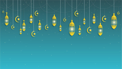 Ramadan Night: Golden Lanterns and Crescent Moon Decor Over a Gradient Sky Festive Backdrop Decoration