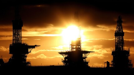 Oil rig sunset operations offshore platform photography industrial environment silhouetted view energy industry