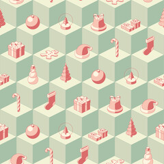 Duotone red Christmas icons seamless pattern on green geometric background