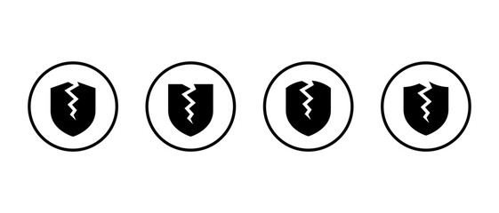 Broken shield icon set in circular outline. Cracked protection and security failure symbol