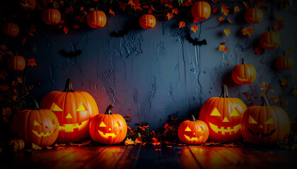 carte invitation Halloween, bannière citrouille, fond sombre, espace de copie