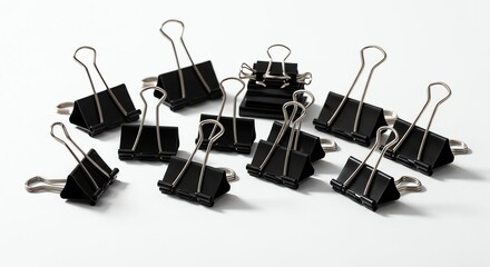 Obraz premium Black Binder Clips on White Background Office Supplies Organizing Tools