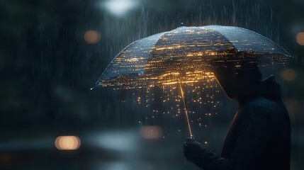 Glowing umbrella illuminates rainy night with magical light effect, creating surreal cityscape reflection pattern while person stands in dark atmospheric scene.