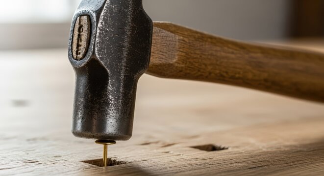 Old metal hammer driving a small golden nail into a rustic wooden workbench for a home improvement task