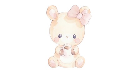Fototapeta premium Sweet baby mouse with pink bow holding teacup in soft watercolor style on white background, nursery art illustration for children's room decor.
