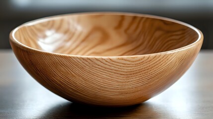 Empty wooden bowl with natural wood grain pattern on neutral background, highlighting craftsmanship and organic texture for kitchen and dining concepts.