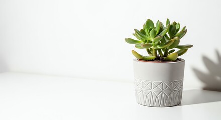 Potted Green Succulent Plant on White Surface with Shadow Natural Lighting Modern Decor