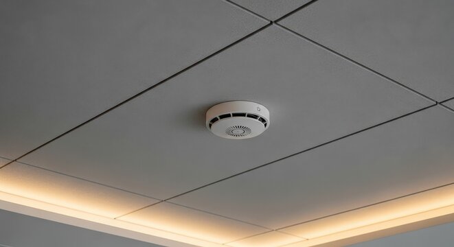 White smoke detector installed on a modern gray modular ceiling with warm LED strip lighting indoors