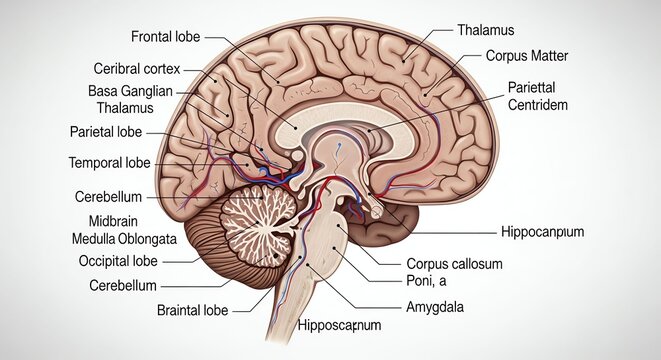 Detailed Anatomical Illustration of Human Brain with Labeled Structures in Medical Style