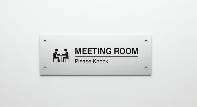 Meeting Room Sign with Please Knock Text and Icon on White Wall