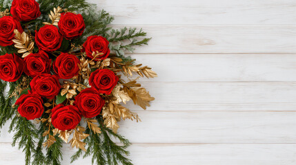 Floral composition featuring red roses and golden leaves arranged with christmas greenery on white wooden table with soft morning light and copy space
