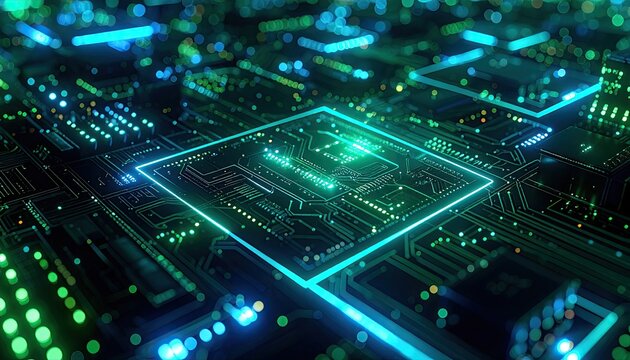 Abstract Macro View of a Futuristic Computer Motherboard Circuit Board With Glowing Teal Green Neon Lights and a Central Square Processor Chip Detailed Electronic Technology Background - Powered by Adobe