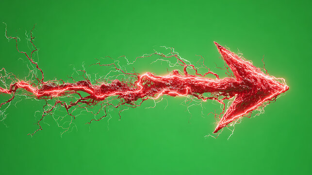 Glowing red arrow shaped vein with branching electric tendrils on vivid green background. in frame!! - Powered by Adobe