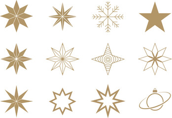 Golden Star Icon Set — Minimal Christmas Decoration, Snowflake, Ornament, Elegant Holiday Symbol Vector