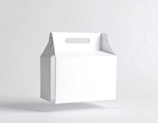 A blank white carrier box suspended mid-air against a plain, light-gray background