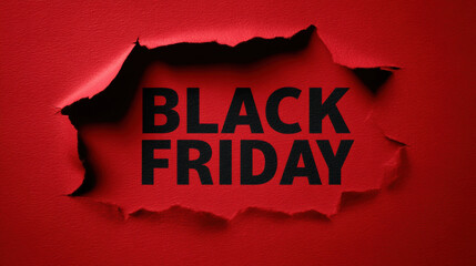 Black friday text revealed through torn red paper with realistic fiber texture and dramatic lighting, bold typography on textured background creating depth with shadows and tactile details