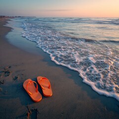 Obraz premium Relaxing beach scene at sunset with orange flip flops on the warm sand and gentle waves lapping at the shore