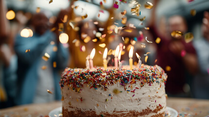 Sharp focused birthday cake with lit candles while defocused faceless celebrants dance behind with confetti flying, with copy space