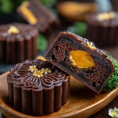 Delicious chocolate mooncake with sweet filling displayed on a wooden plate