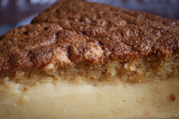 photo of sliced freshly baked egg pie, close up surface of egg pie