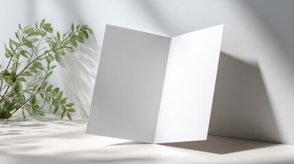 An open blank card rests elegantly against a soft background, illuminated by gentle sunlight and casting delicate shadows.