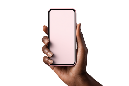 Close-up of a young dark-skinned woman's hand holding a pink smartphone with a blank white screen. PNG with transparent background.
