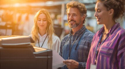 Obraz premium Three office workers, including a middle-aged man and two women, reviewing printed documents in a bright workspace.