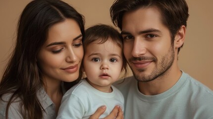 Loving parents embrace adorable baby in warm and tender family portrait session
