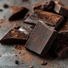 Dark chocolate pieces with cocoa powder scattered on a textured surface in natural light