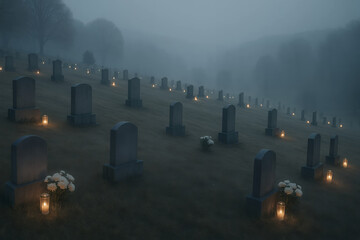 All Saints Day Foggy Cemetery at Dusk with Warm Candlelight