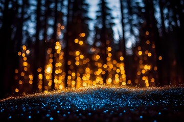 Obraz premium Magical forest scene with glowing golden bokeh lights among dark trees and sparkling blue illumination on ground creating ethereal nighttime atmosphere.