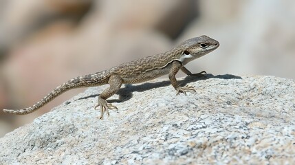 Brown lizard on gray stone in natural habitat, detailed macro photography showing scales and texture of reptile skin, wildlife and nature photography.