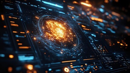 Glowing orange energy core surrounded by futuristic blue interface elements and digital circuitry patterns creates dramatic technological atmosphere.