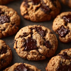 Freshly baked chocolate chip cookies on a dark baking tray ready to be enjoyed