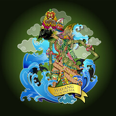 Vector illustration, character modification of the wayang figure Bathara Indra is a god who rules over the sky, rain, and lightning in Indonesian wayang stories.