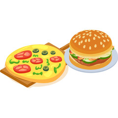 Isometric Fast Food Icons A Delicious Pizza and A Burger On A Transparent Background