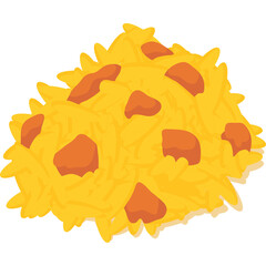 Isometric food icon of a pile of yellow rice with orange chunks of meat or vegetables against a transparent background