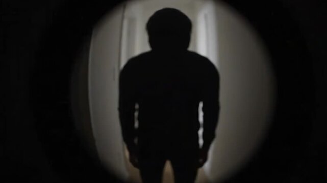 Silhouette of suspicious person viewed through door peephole at night